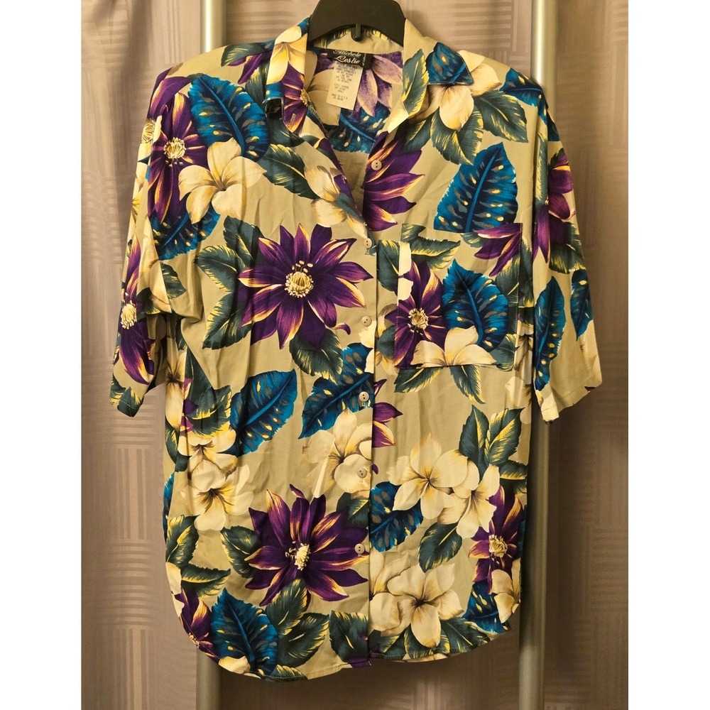 Michele Leslie Vintage Tropical Floral Rayon Button Up Shirt Tan Purple Small